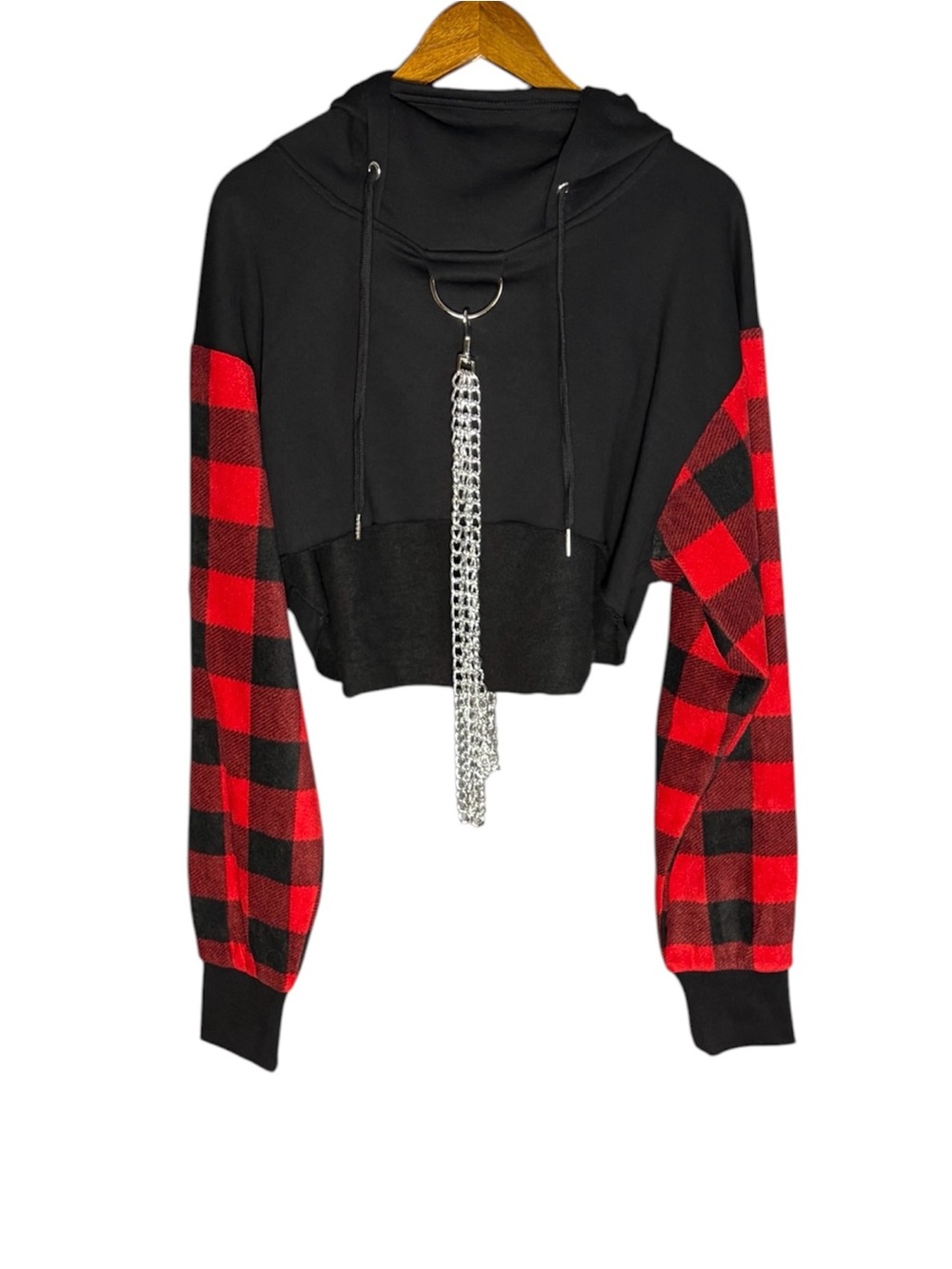NWT Dollskill Current Mood Cat Ear Chain Crop Hoodie Buffalo Plaid Black Red